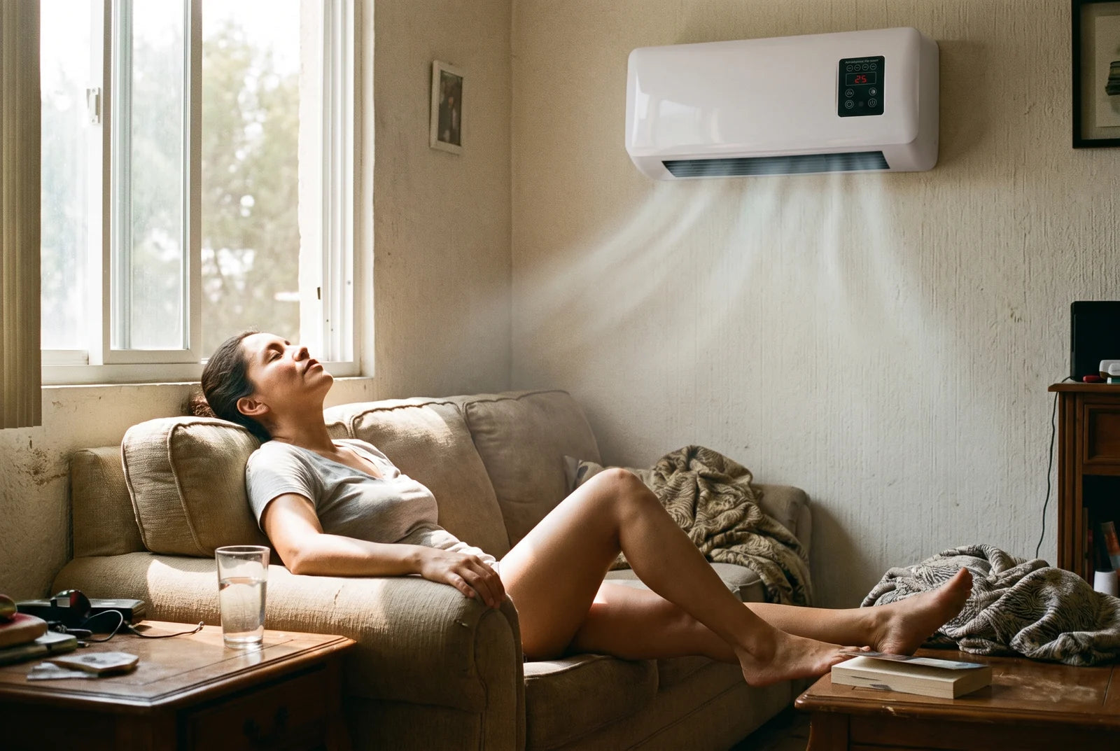Mujer descansando en su sala mientras Frostly enfría la habitación
